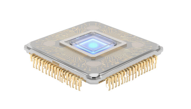 Futuristic AI computer chip with glowing blue core isolated