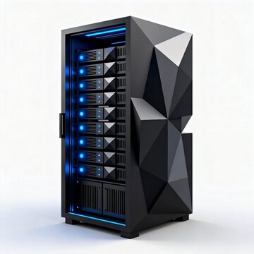 Modern High Tech Server Rack with Blue Lighting