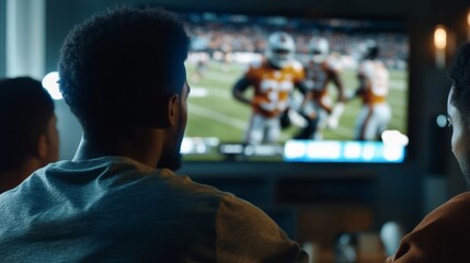 Obraz premium Exciting football game night living room video content cozy atmosphere close-up view friends enjoying the match