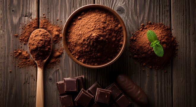 Rich cocoa powder in bowl with spoon, chocolate pieces, and mint garnish on dark rustic wood surface