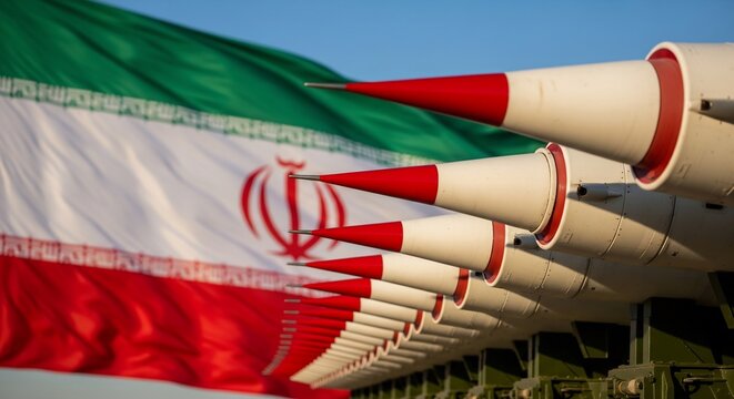 Iran Military Defense Missiles Row with National Flag Background Irani