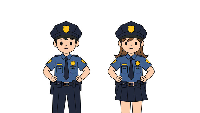 Friendly male and female police officers standing together in blue uniforms with silver badges and black caps.