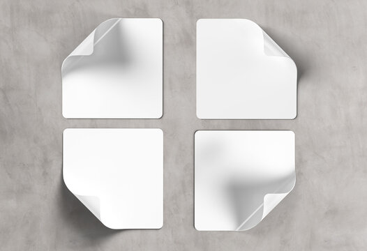 Blank squared stickers isolated on concrete. Square labels mockup. 3D rendering