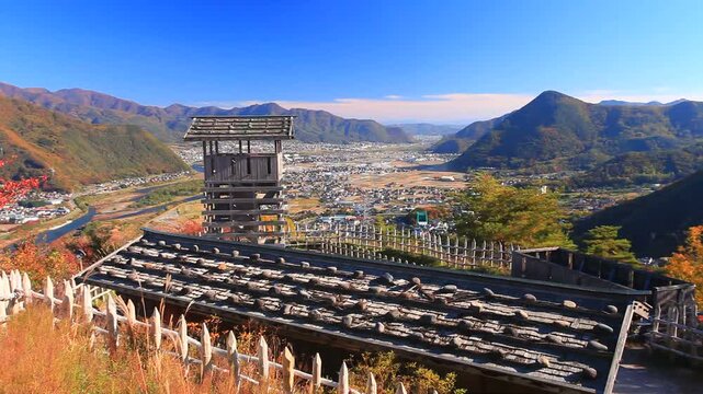 荒砥城跡と坂城市街遠望と岩井堂山などの山並み