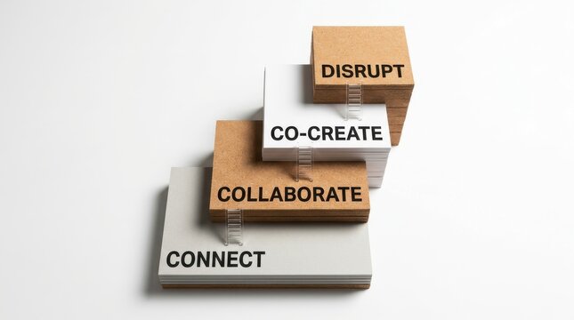 Business blocks stacked with words Connect, Collaborate, Co-Create, Disrupt on white background
