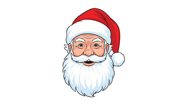 Friendly face of Santa Claus with a long white beard and a classic red hat with a pom-pom isolated on a plain white background.