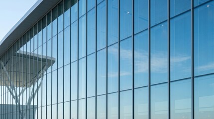 Obraz premium Exterior detail of a glass facade on a premium airport terminal. Modern air travel infrastructure and architectural design.