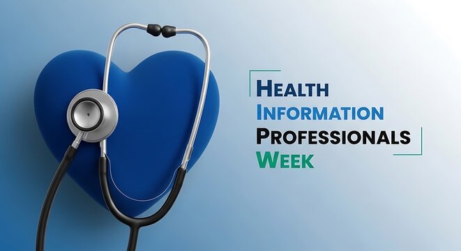 Health information professionals week blue heart and stethoscope symbolize caring and medical support.