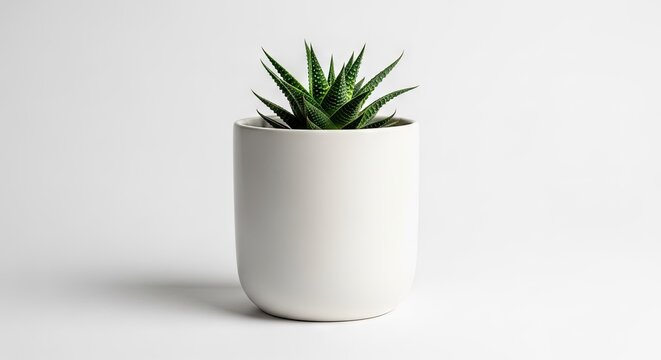 Green succulent plant in white ceramic pot against a plain white backdrop