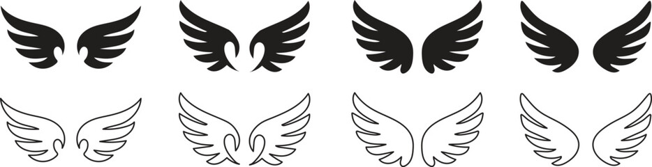 Fototapeta premium Sketch angel wings. Doodle bird wing logo, hand drawn heaven symbol with halo. Outline eagle or phoenix tattoo graphic, freedom dove, hawk vintage emblem. Vector isolated set