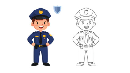Fototapeta premium Professional policeman in a dark blue uniform is presented as a full color character and a black and white line drawing for coloring.