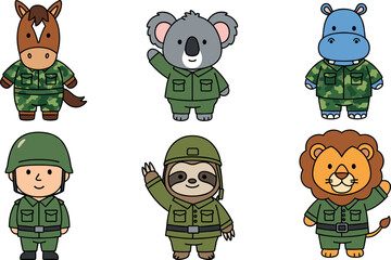 Fototapeta premium Cute animal soldiers character set with horse koala hippo lion and sloth in military uniforms isolated cartoon vector illustration