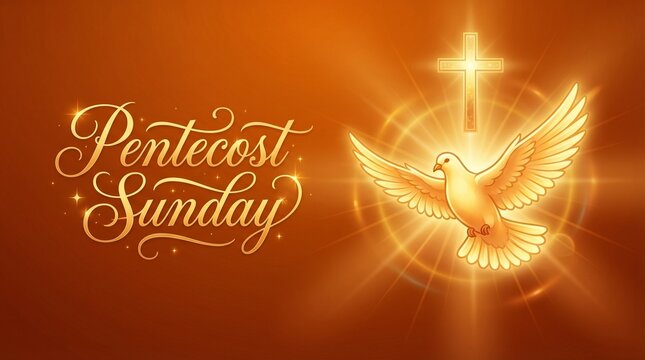 Golden holy spirit pigeon and cross illustration on a vibrant gradient background celebrating a religious holiday, pentecost sunday concept card