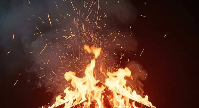 Vibrant Fire Flames and Glowing Sparks Against a Dark Background  Abstract Art.