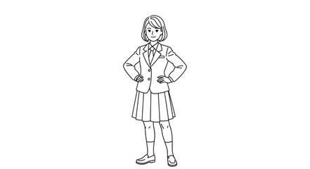 Obraz premium Line Art Drawing of a Confident School Girl Standing with Hands on Hips.