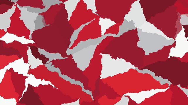 Red and gray torn paper pieces animation forming abstract dynamic mosaic pattern