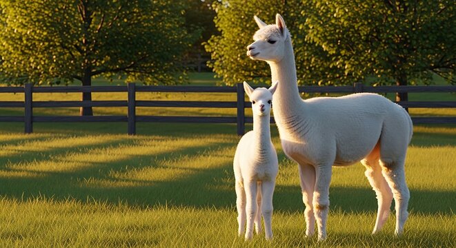 white alpaca and cria standing together in a green field