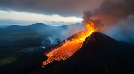 Fototapeta premium Volcanic eruption event near mount fuji japan natural phenomenon dramatic landscape aerial view destructive power and beauty