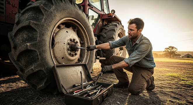 Male farmer repairing tractor wheel with toolbox in field at golden sunset, agricultural machinery maintenance concept