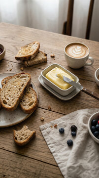 Cozy Rustic Breakfast Flatlay with Toasted Bread Slices Butter Latte Art Coffee Cup and Fresh Blueberries on Wooden Table, Warm Morning Food Lifestyle Photography Vertical