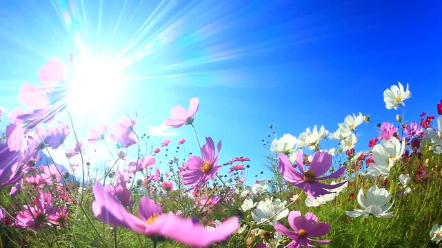 風渡るコスモスの花畑と太陽の光芒