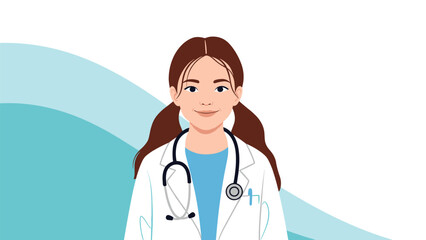 Fototapeta premium Smiling young girl dressed as a professional doctor wearing a white lab coat and a stethoscope around her neck on a blue background.