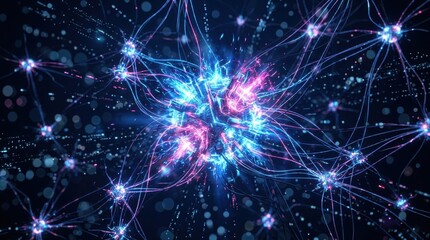 Fototapeta premium Abstract 3D mesh grid with glowing nodes representing a neural network and global data infrastructure. Futuristic blue background with copy space.