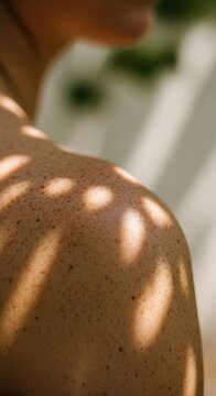 Macro close-up of freckled female shoulder with dappled sunlight pattern and bokeh green background, skin texture body positive concept