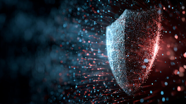 Abstract digital shield with data particles and light streams, symbolizing cybersecurity, network protection, data defense, and real time response to cyber threats and attacks