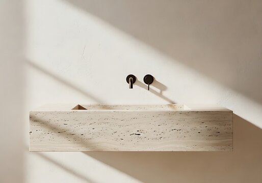Minimalist travertine stone sink with black fixtures and sunlight