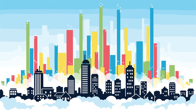 Abstract skyline of a modern city with colorful vertical bars representing skyscrapers rising above fluffy white clouds and blue sky.