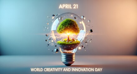 A glowing lightbulb contains a vibrant green tree and landscape symbolizing world creativity and innovation day high quality professional detailed modern elegant