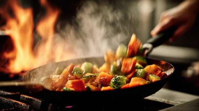 Chef's hand tossing colorful vegetables in a sizzling wok pan with dramatic open flames and rising steam, stir-fry cooking with carrots, peppers and Brussels sprouts in professional restaurant kitchen