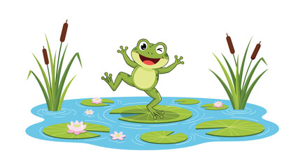 Fototapeta premium Cheerful green frog winking and dancing on a lily pad in a blue pond surrounded by cattails and pink water lilies in a bright spring scene.