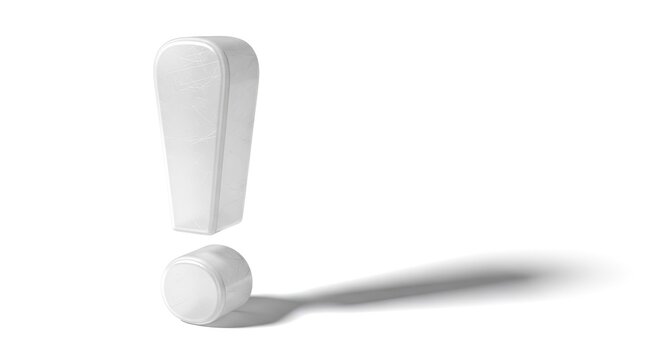 Three dimensional white exclamation mark casting shadow on clean white background