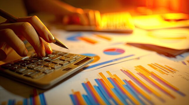 Person performs financial calculations using a handheld device near multicolored analytical charts