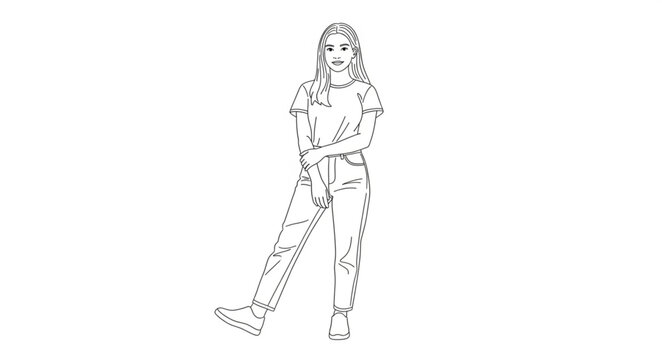 Line Art Drawing of a Young Woman Standing Confidently.