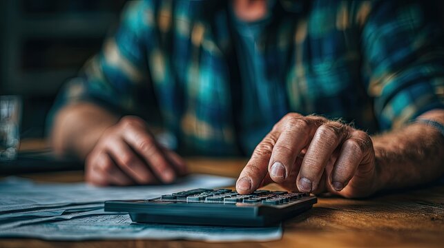 Older individual intently using a portable electronic device for numerical calculations at a wooden surface