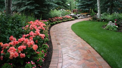 Obraz premium Curved garden pathway bordered by vibrant flowering shrubs and manicured lawn leads toward dense foliage