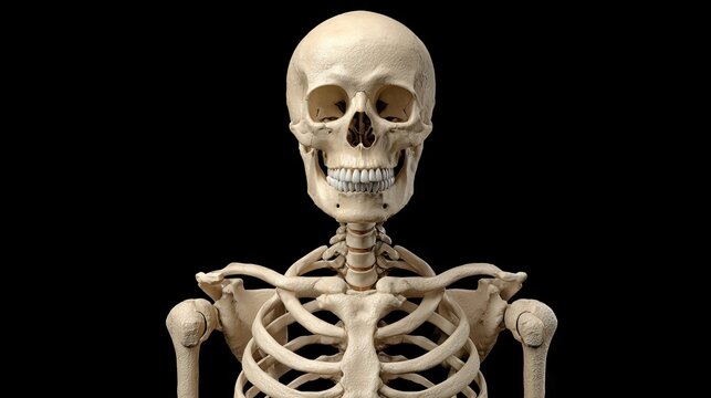 Human skeletal structure torso and skull rendered against a dark background