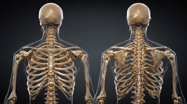 Human skeletal anatomy visualization shows comparison of posterior upper torso structure