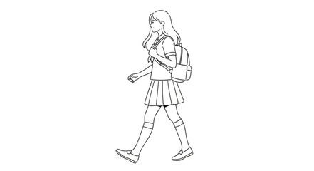 Obraz premium Line Art Illustration of a Schoolgirl Walking with Backpack.