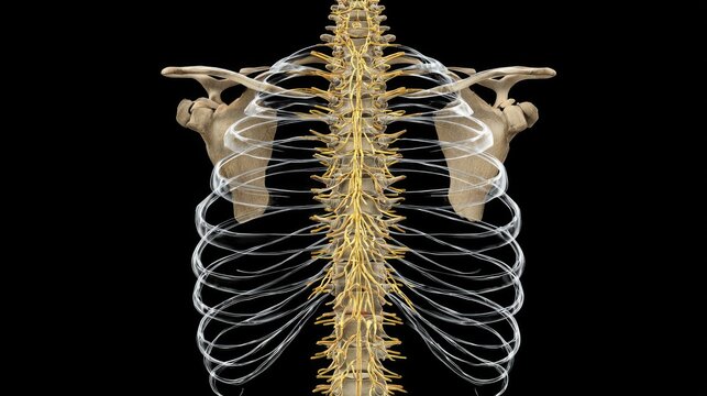 Three dimensional rendering displays the central human torso skeletal structure with exposed spinal cord and nerve roots