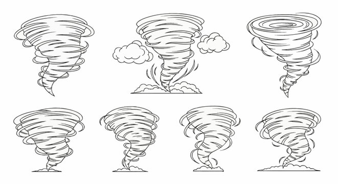 Set of seven black and white hand-drawn tornado line art illustrations showing various funnel cloud shapes, swirling storm vortices, and wind motion isolated on a white background.