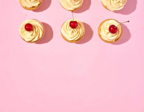Top down view of minimalist cherry cupcakes organized neatly on a pink surface, aesthetic pastel pink, baker brand identity for creative industry and social media ads