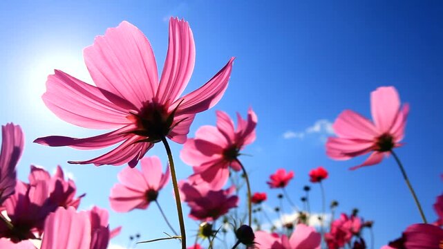 風渡るコスモスの花畑と太陽の光芒