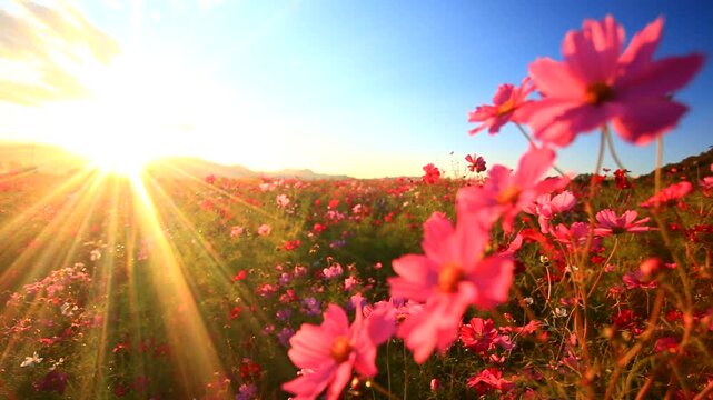 風渡るコスモスの花畑と夕日の光芒と子檀嶺岳などの山並み