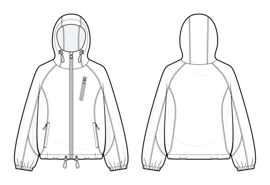 Oversized Outdoor Hiking Jacket technical fashion illustration. utility winter jacket vector template. raglan sleeve. zip pockets chest pocket. elastic cuff drawcord hem. unisex. CAD mockup.