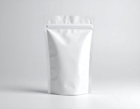 White stand up pouch bag mockup with zipper on white background, blank plastic doy-pack foil sachet isolated.