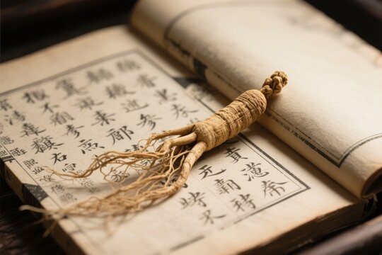 A dried ginseng root rests on an open ancient Chinese herbal medicine text, showcasing traditional medicinal practices.